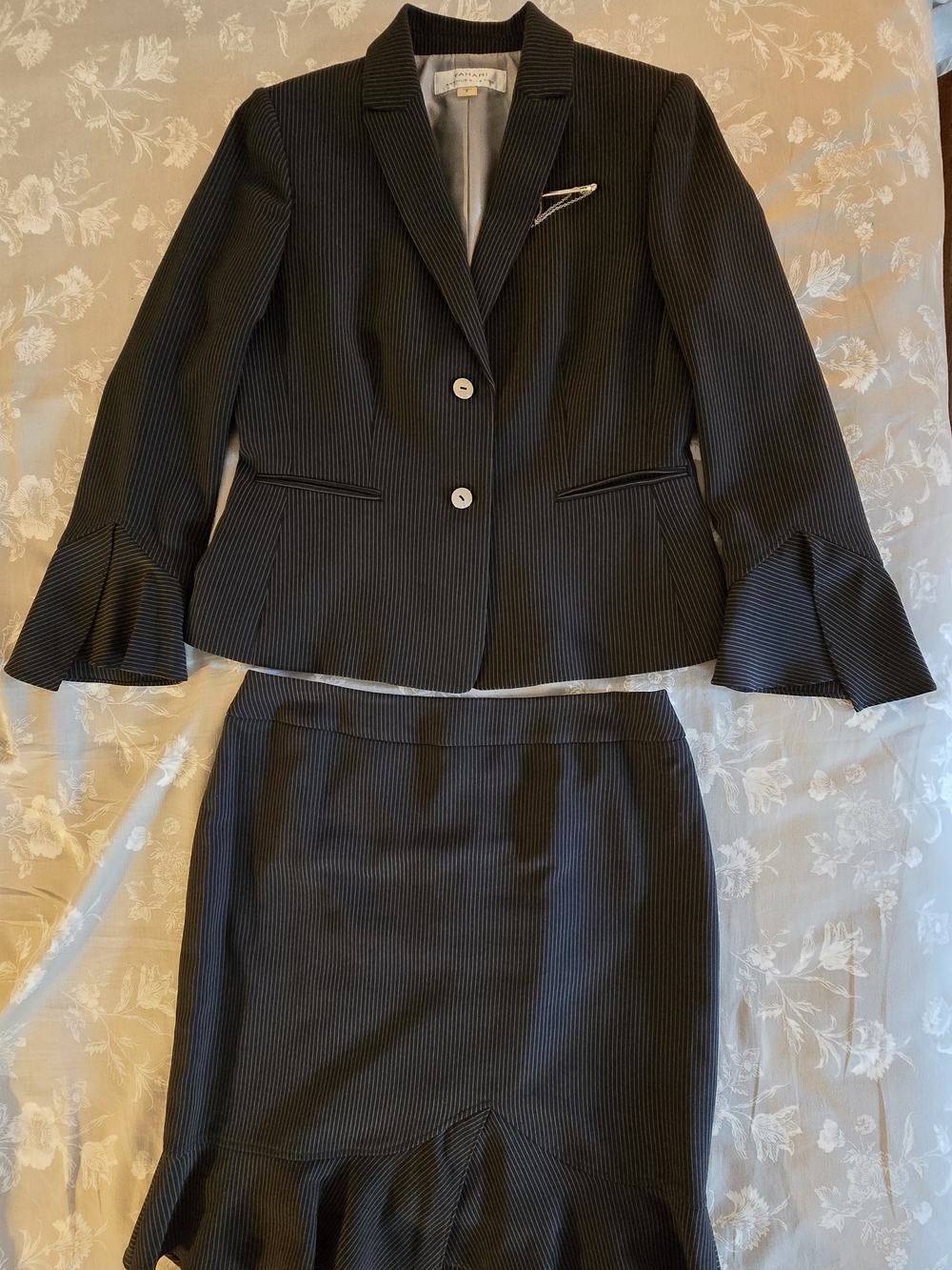 Tailored Pinstripe Blazer & Skirt Set - Black - Unbranded